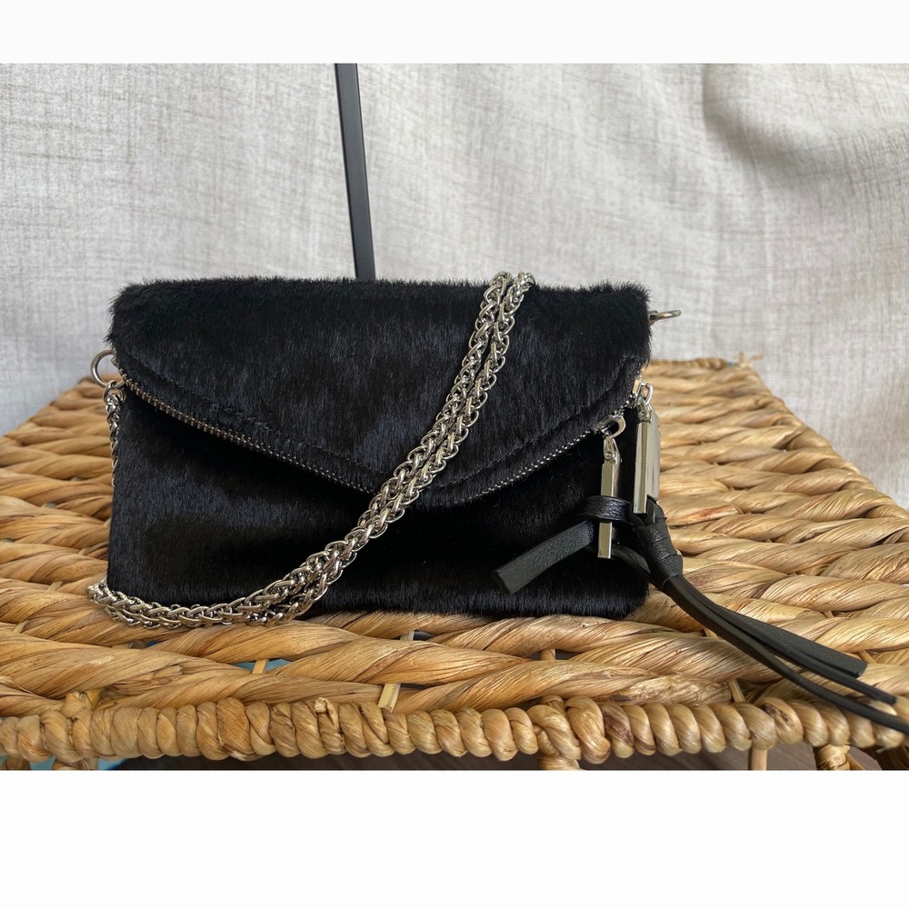 Free People Black Faux Fur Calf Hair Envelope Crossbody Bag Silver Chain Strap